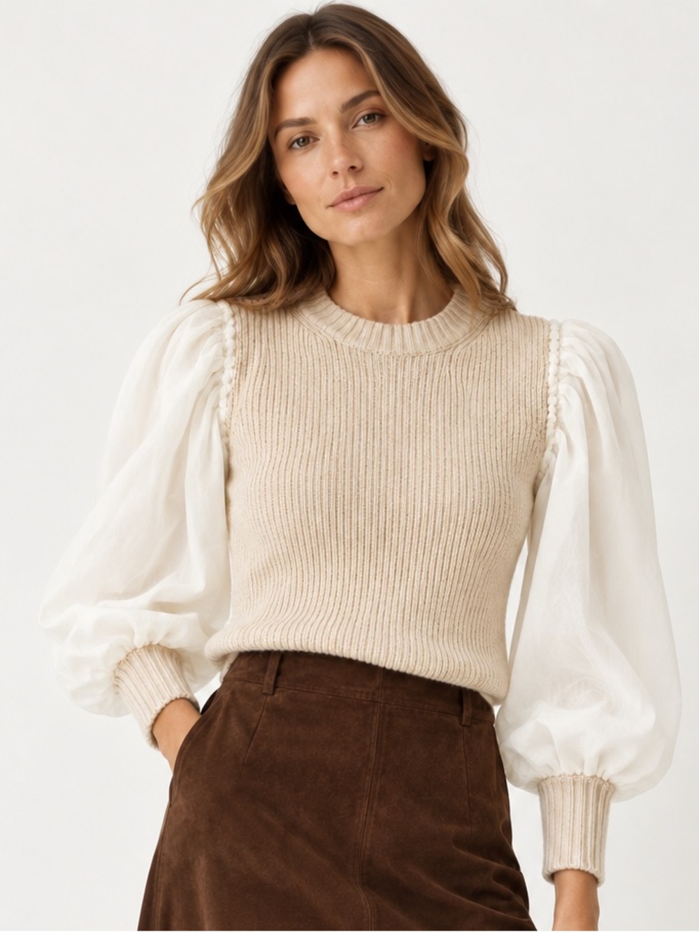 Sea New York James Organza Sleeve Crew neck wool sweater size XS